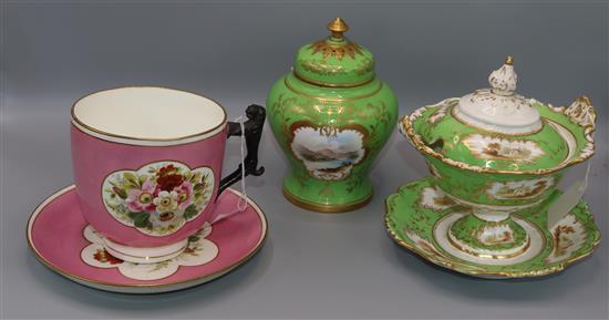 Coalport green and gilt pot pourri, a similar Rockingham style sauce tureen and a large pink ground cup and saucer(-)